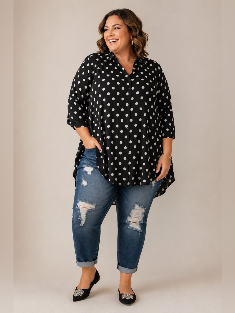 Pennington NEW Plus Size 4x: Black Polka Dot Button-Front Tunic Shirt